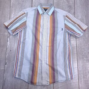 Stussy Button Up Shirt Mens Small Multi Color Striped Short Sleeve Cotton Y2K